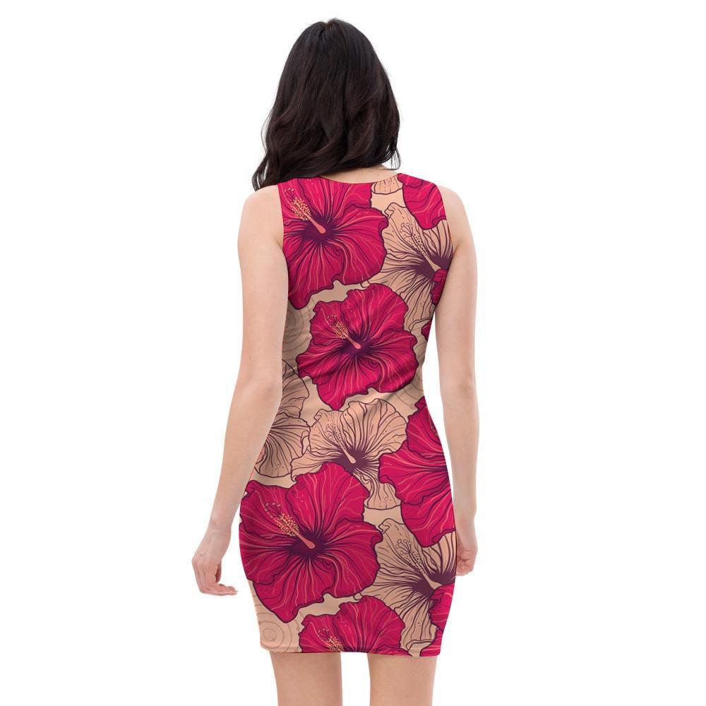 Red Hibiscus Flower Print Bodycon Dress-grizzshop