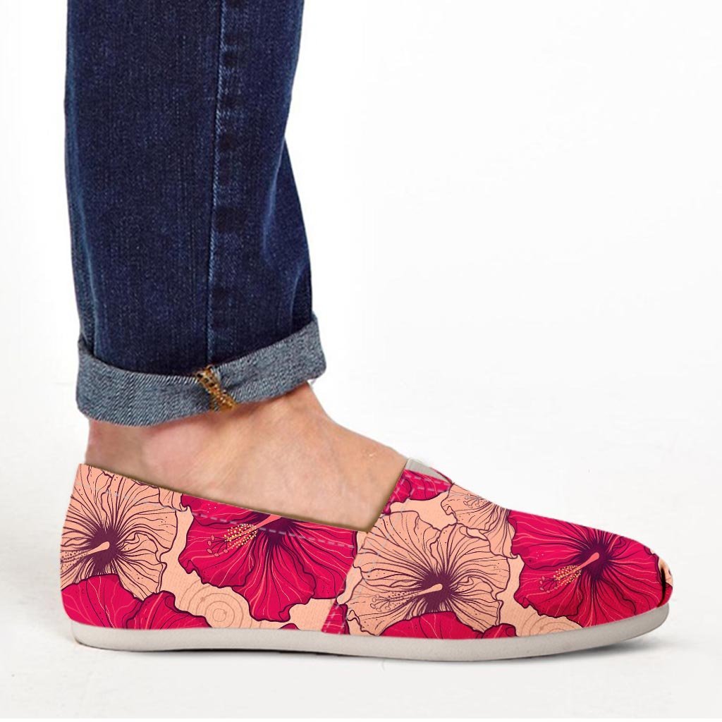 Red Hibiscus Flower Print Canvas Shoes-grizzshop