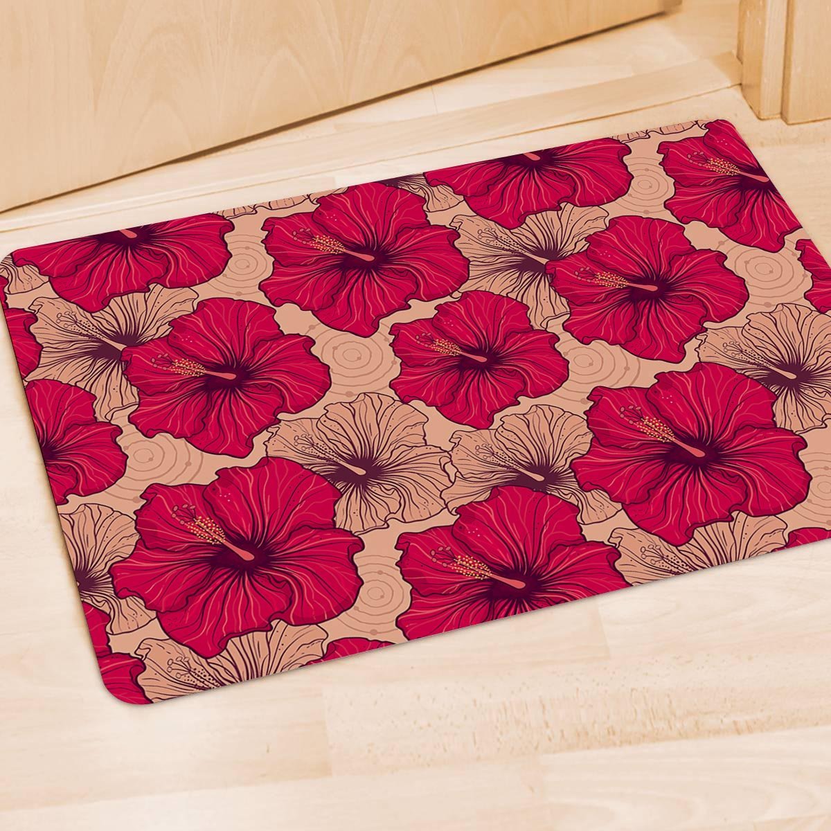 Red Hibiscus Flower Print Door Mat-grizzshop