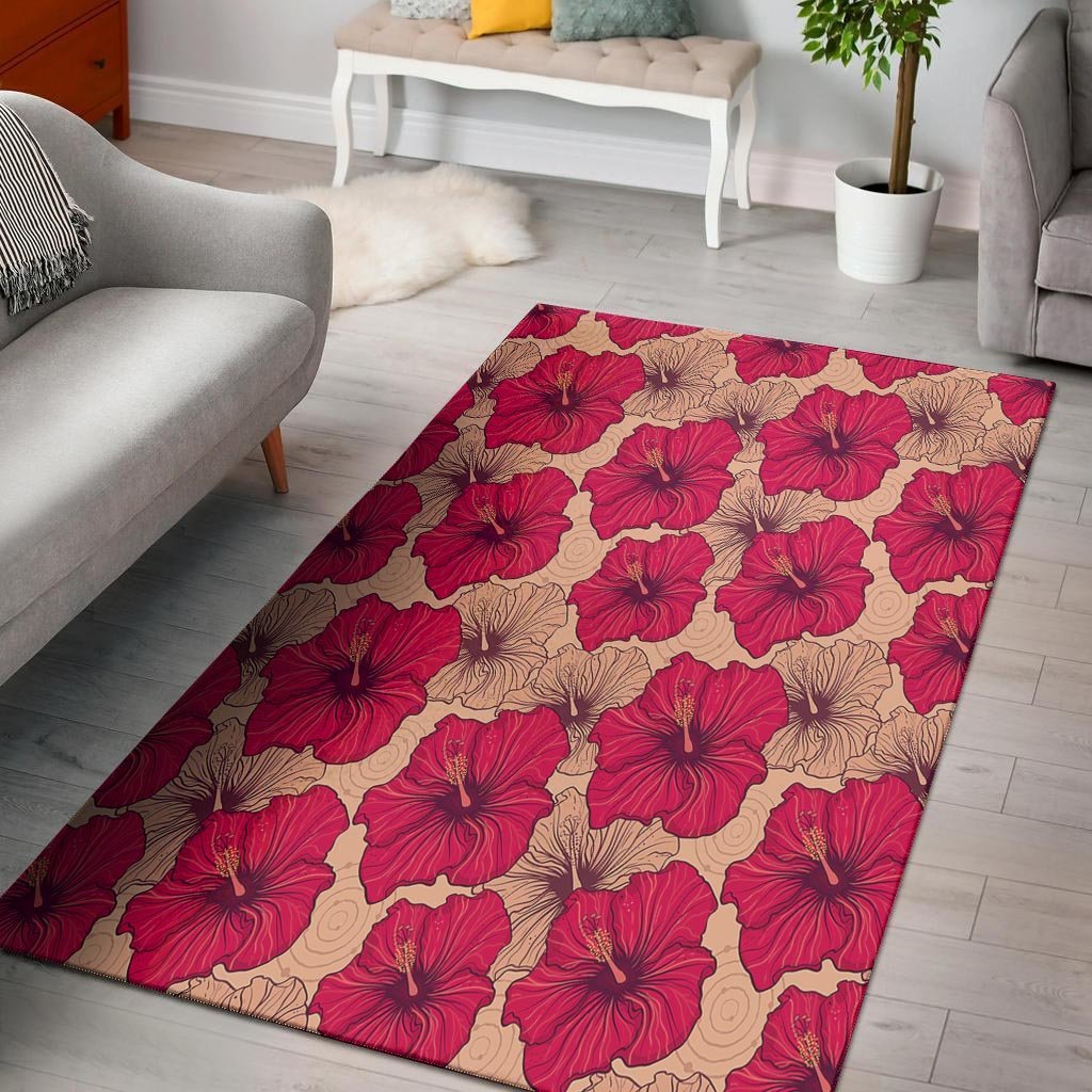 Red Hibiscus Flower Print Floor Mat-grizzshop