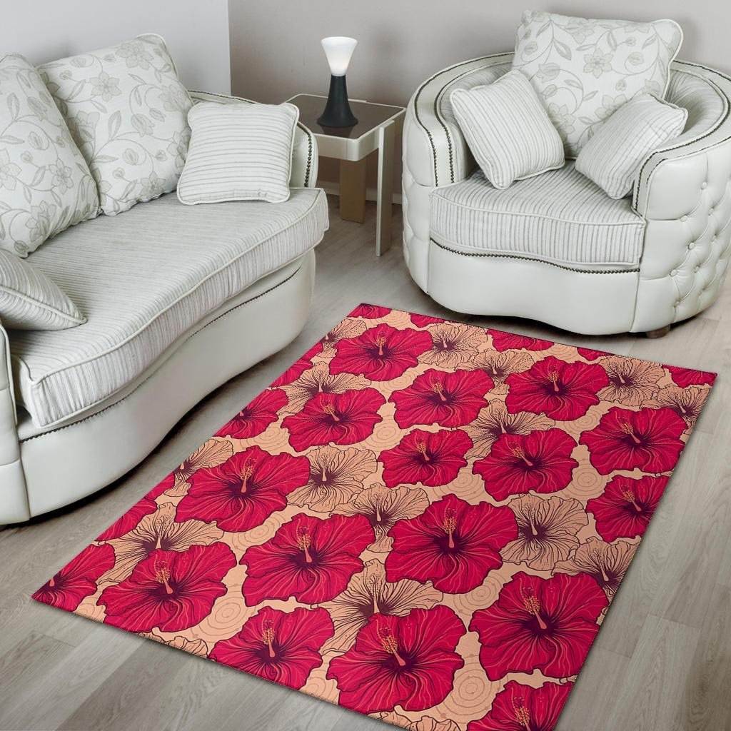 Red Hibiscus Flower Print Floor Mat-grizzshop