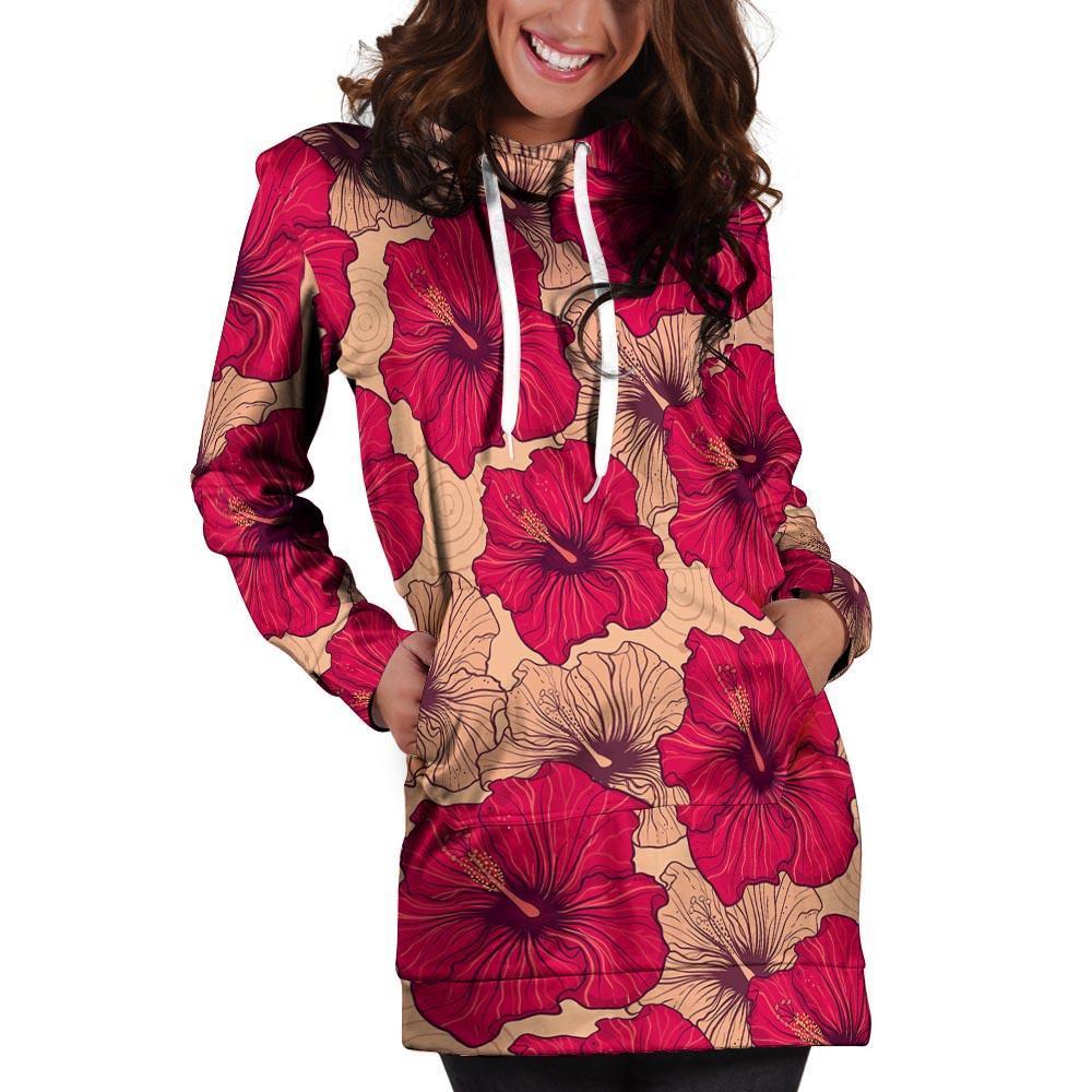 Red Hibiscus Flower Print Hoodie Dress-grizzshop