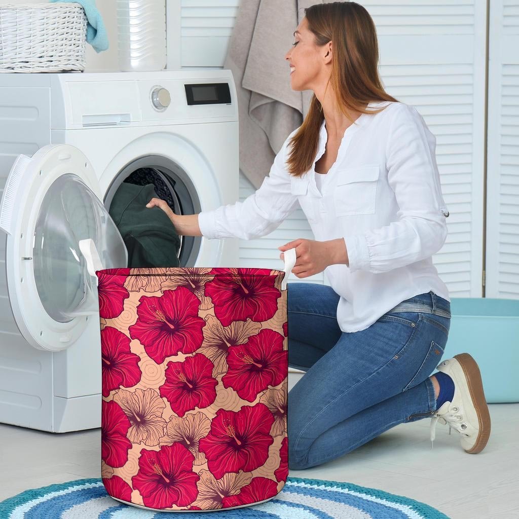 Red Hibiscus Flower Print Laundry Basket-grizzshop