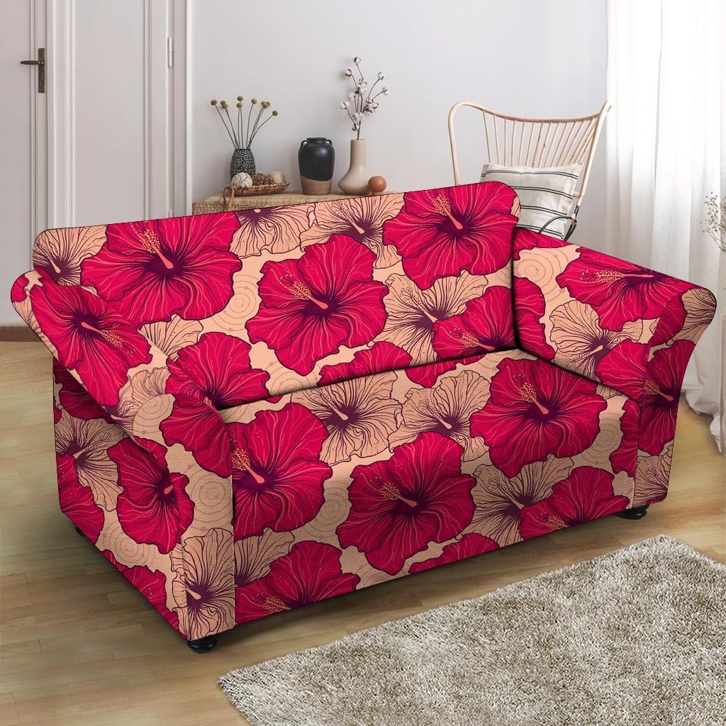 Red Hibiscus Flower Print Loveseat Cover-grizzshop