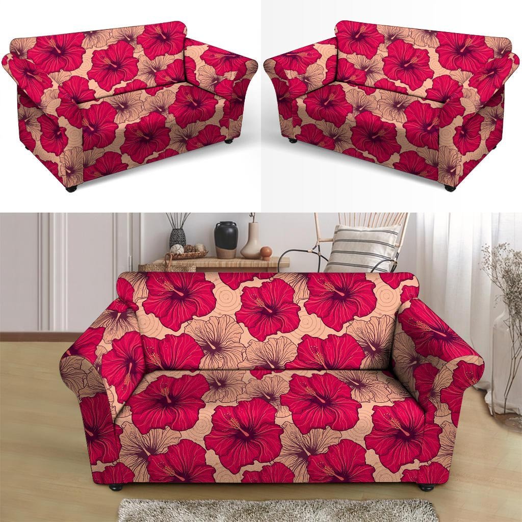 Red Hibiscus Flower Print Loveseat Cover-grizzshop