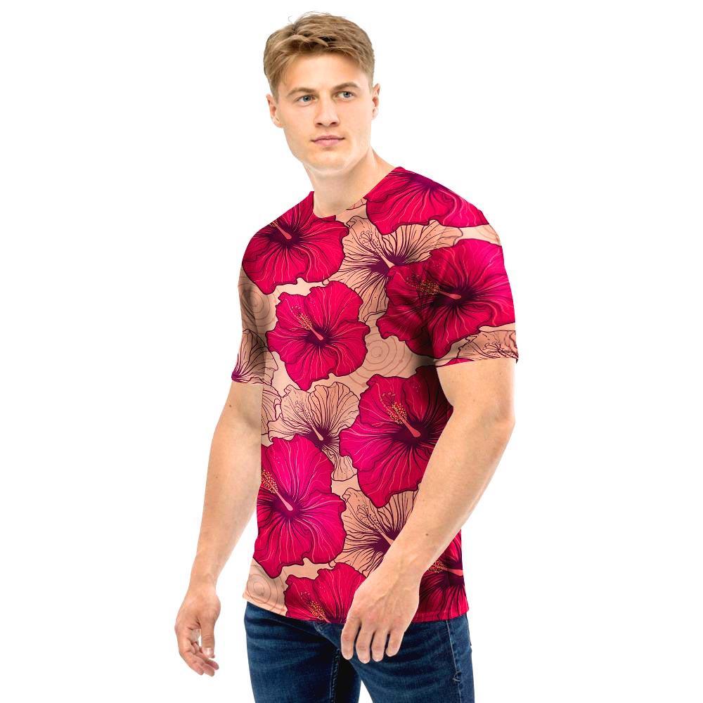 Red Hibiscus Flower Print Men T Shirt-grizzshop