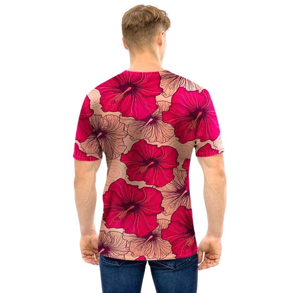 Red Hibiscus Flower Print Men T Shirt-grizzshop