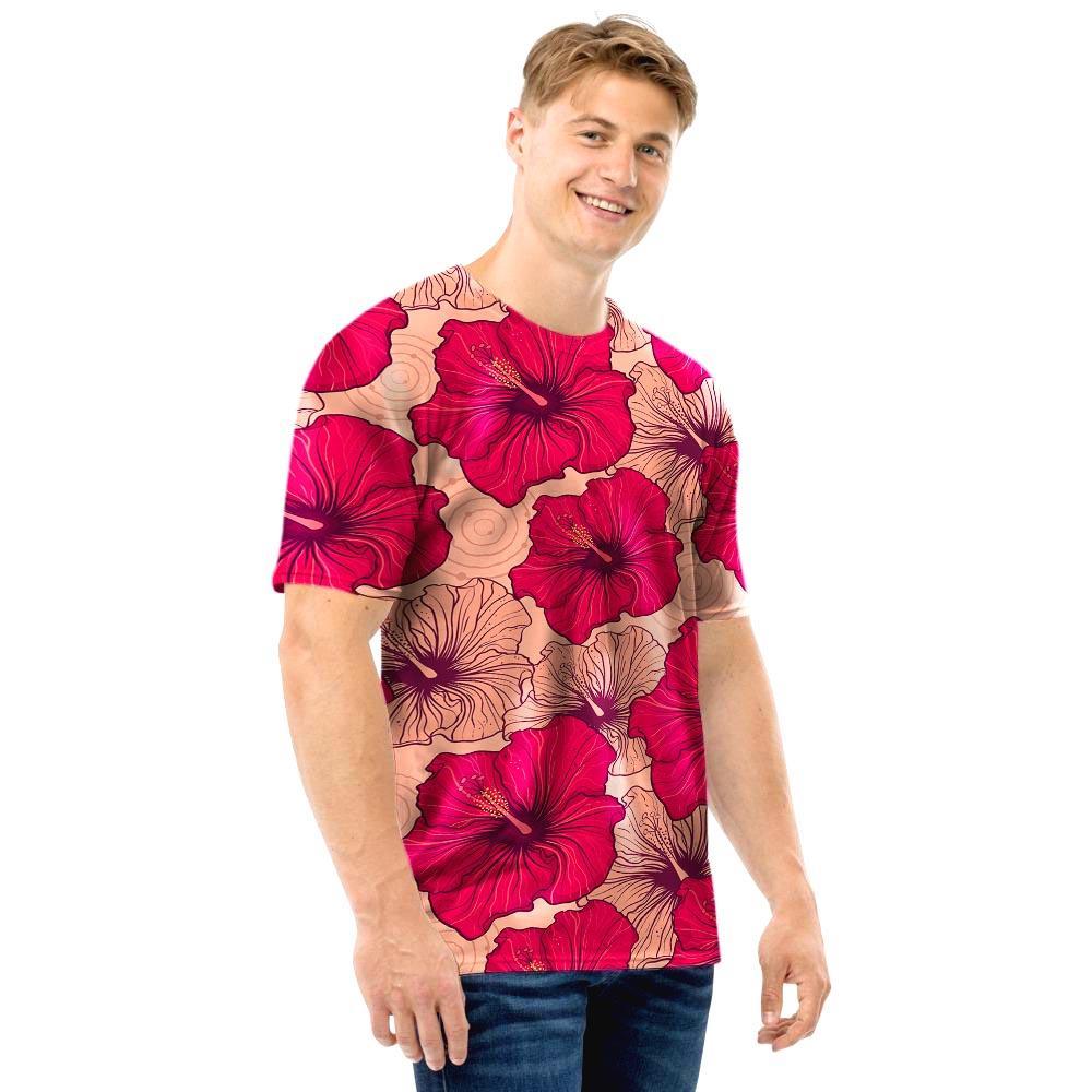 Red Hibiscus Flower Print Men T Shirt-grizzshop