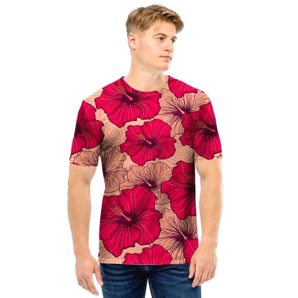 Red Hibiscus Flower Print Men T Shirt-grizzshop