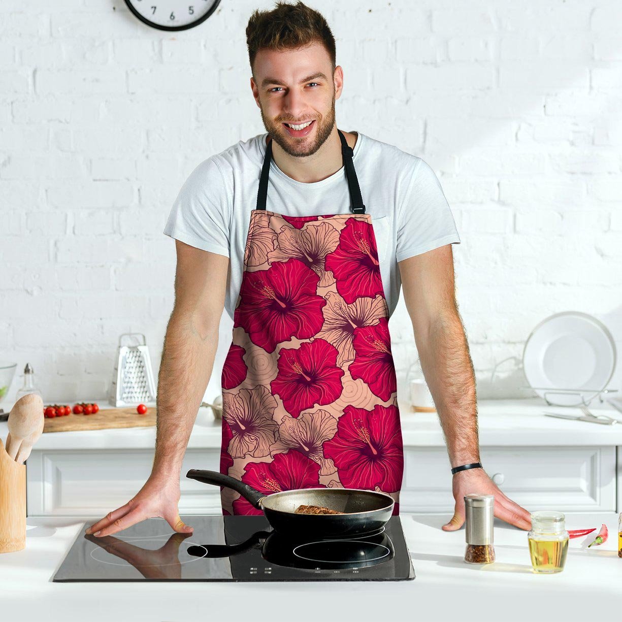 Red Hibiscus Flower Print Men's Apron-grizzshop