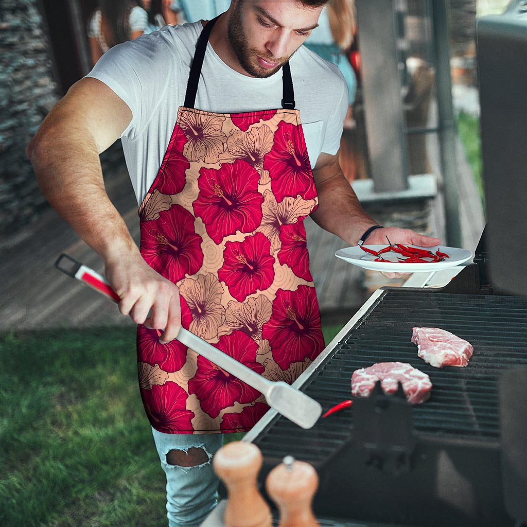 Red Hibiscus Flower Print Men's Apron-grizzshop