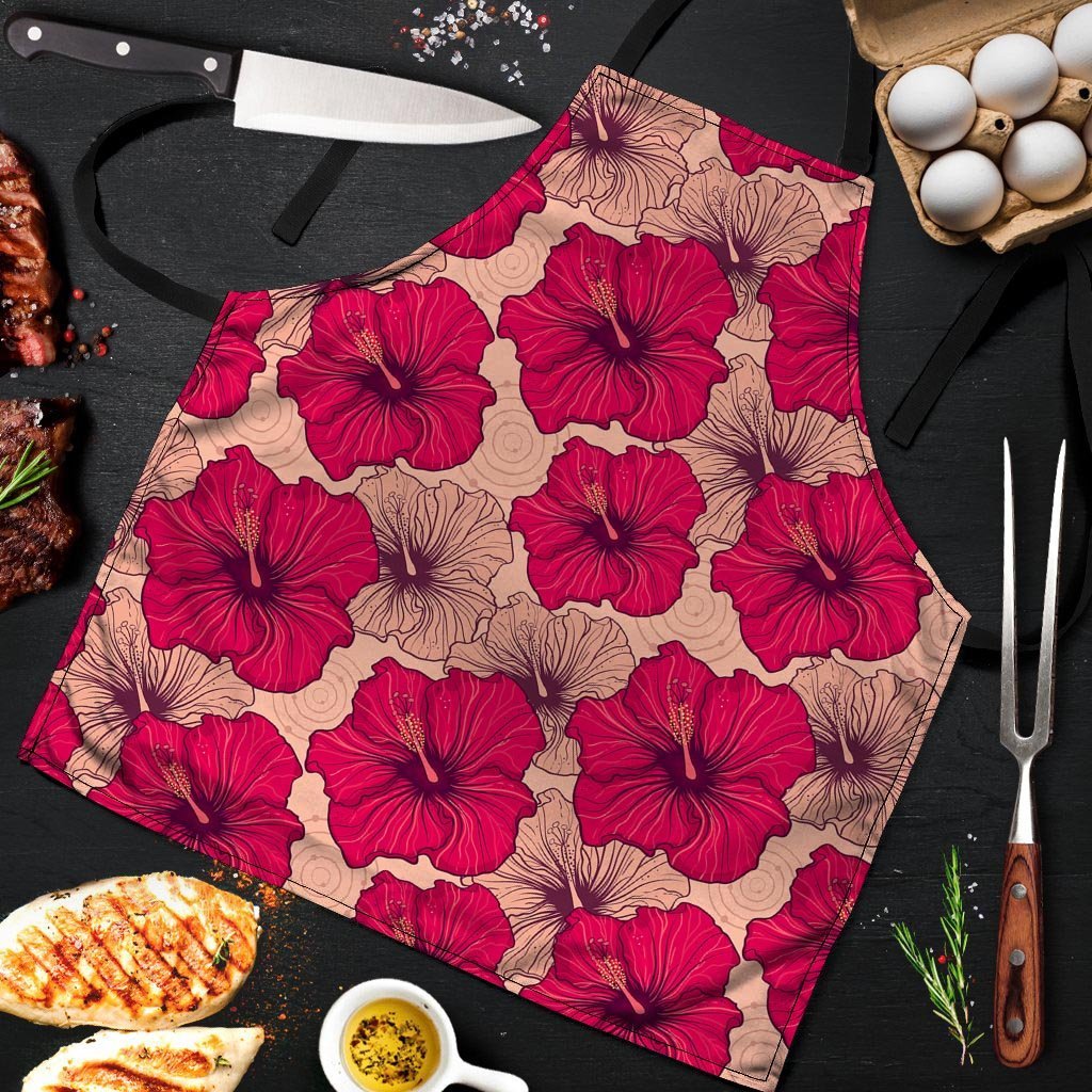 Red Hibiscus Flower Print Men's Apron-grizzshop