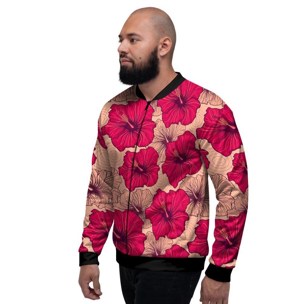 Red Hibiscus Flower Print Men's Bomber Jacket-grizzshop