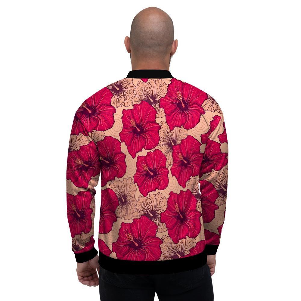 Red Hibiscus Flower Print Men's Bomber Jacket-grizzshop