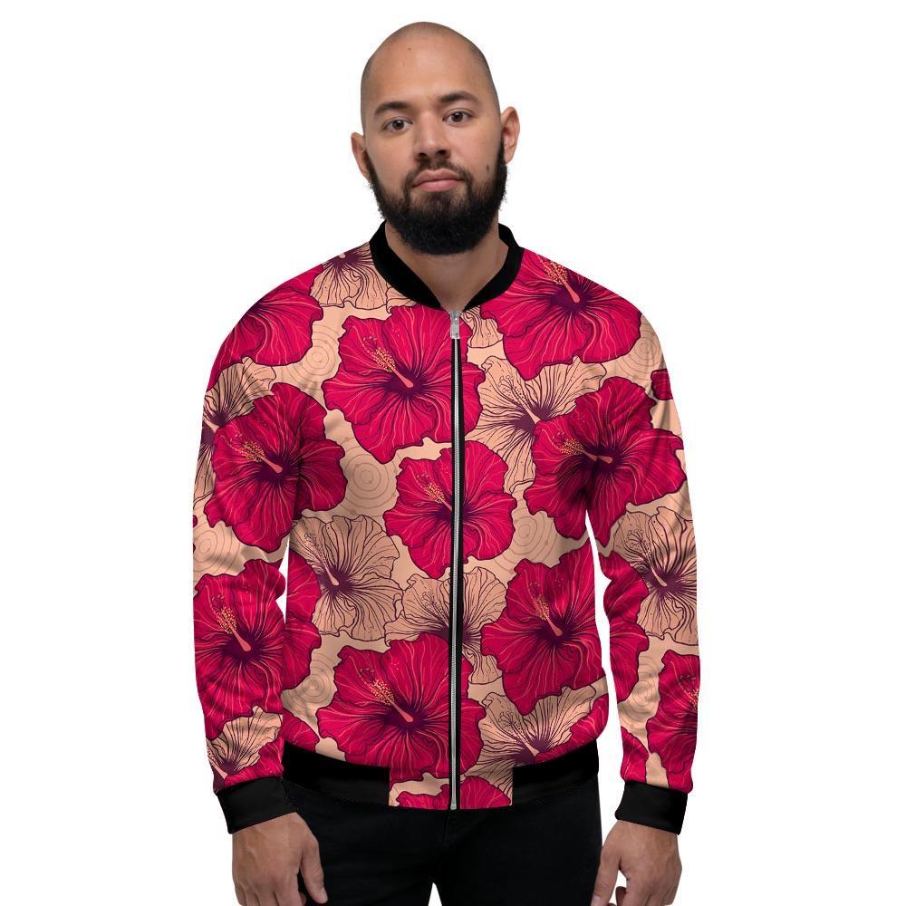 Red Hibiscus Flower Print Men's Bomber Jacket-grizzshop