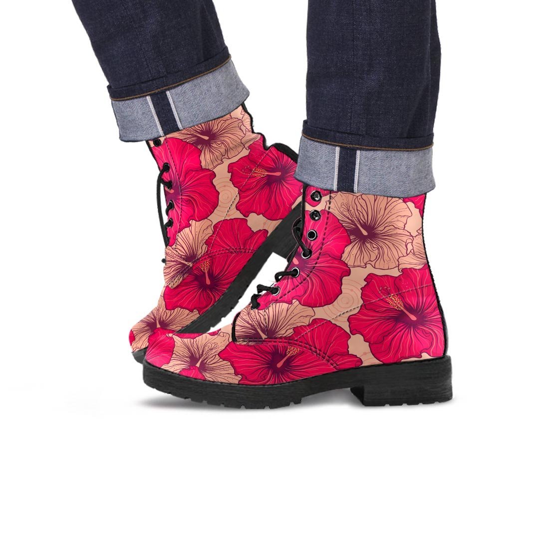 Red Hibiscus Flower Print Men's Boots-grizzshop