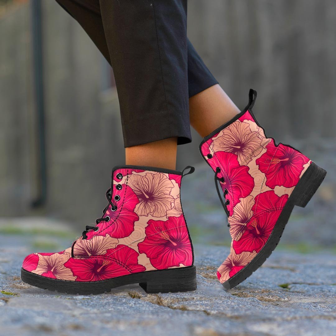 Red Hibiscus Flower Print Men's Boots-grizzshop