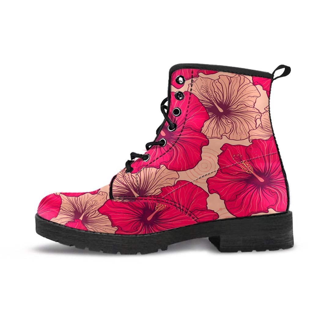 Red Hibiscus Flower Print Men's Boots-grizzshop