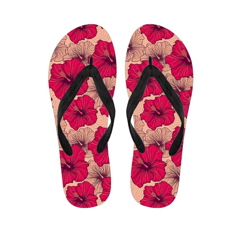 Red Hibiscus Flower Print Men's Flip Flops-grizzshop