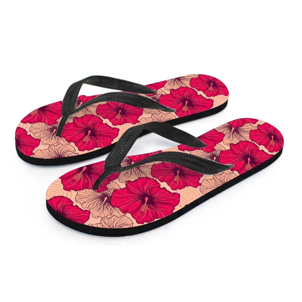 Red Hibiscus Flower Print Men's Flip Flops-grizzshop