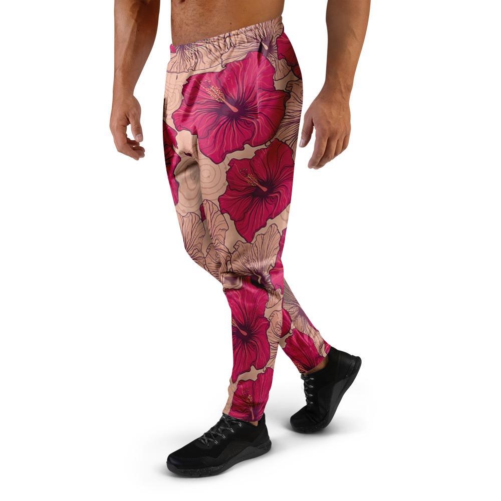 Red Hibiscus Flower Print Men's Joggers-grizzshop
