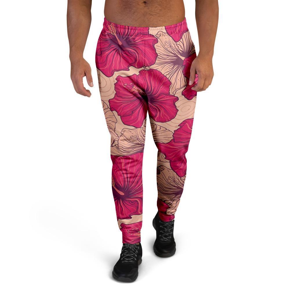 Red Hibiscus Flower Print Men's Joggers-grizzshop