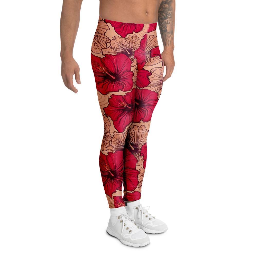 Red Hibiscus Flower Print Men's Leggings-grizzshop