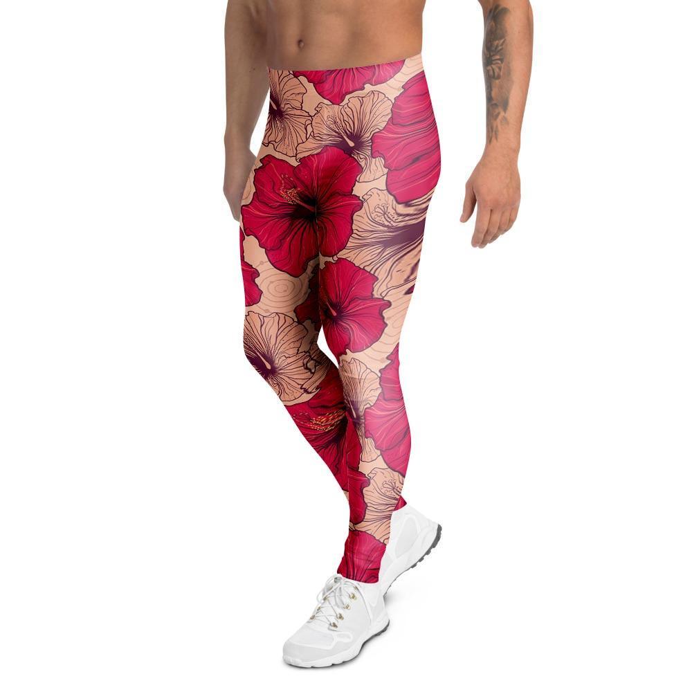 Red Hibiscus Flower Print Men's Leggings-grizzshop