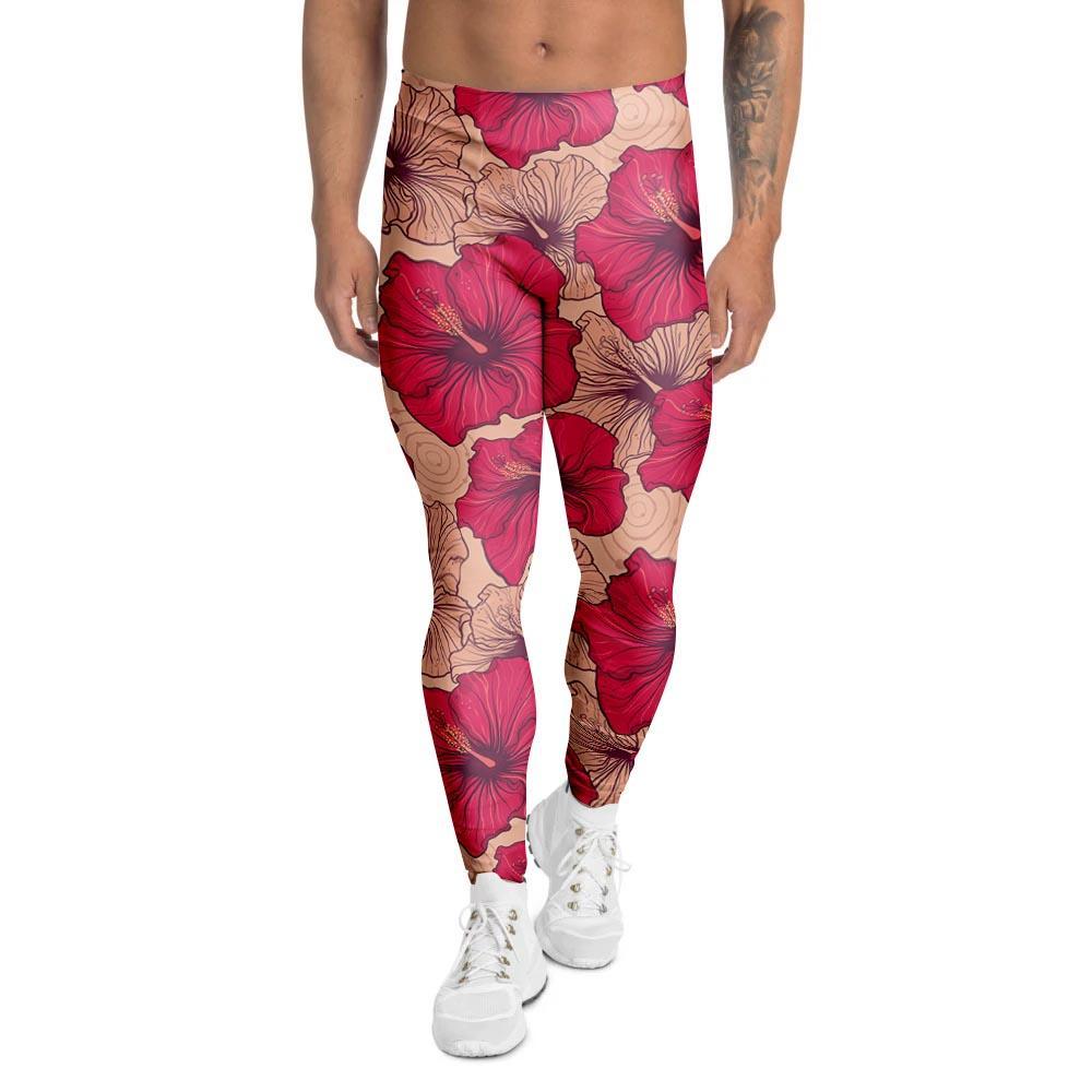 Red Hibiscus Flower Print Men's Leggings-grizzshop