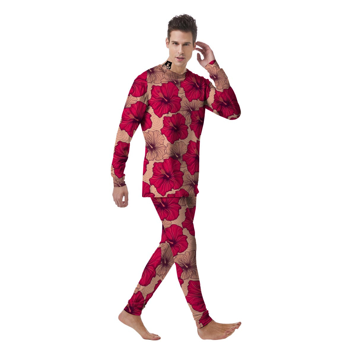 Red Hibiscus Flower Print Men's Pajamas-grizzshop