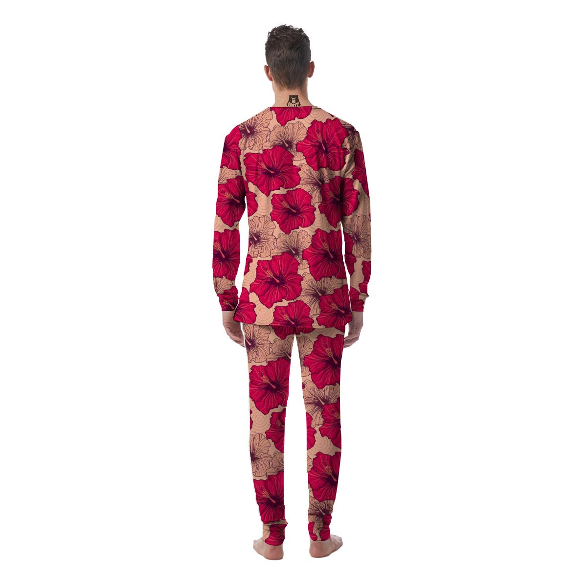 Red Hibiscus Flower Print Men's Pajamas-grizzshop