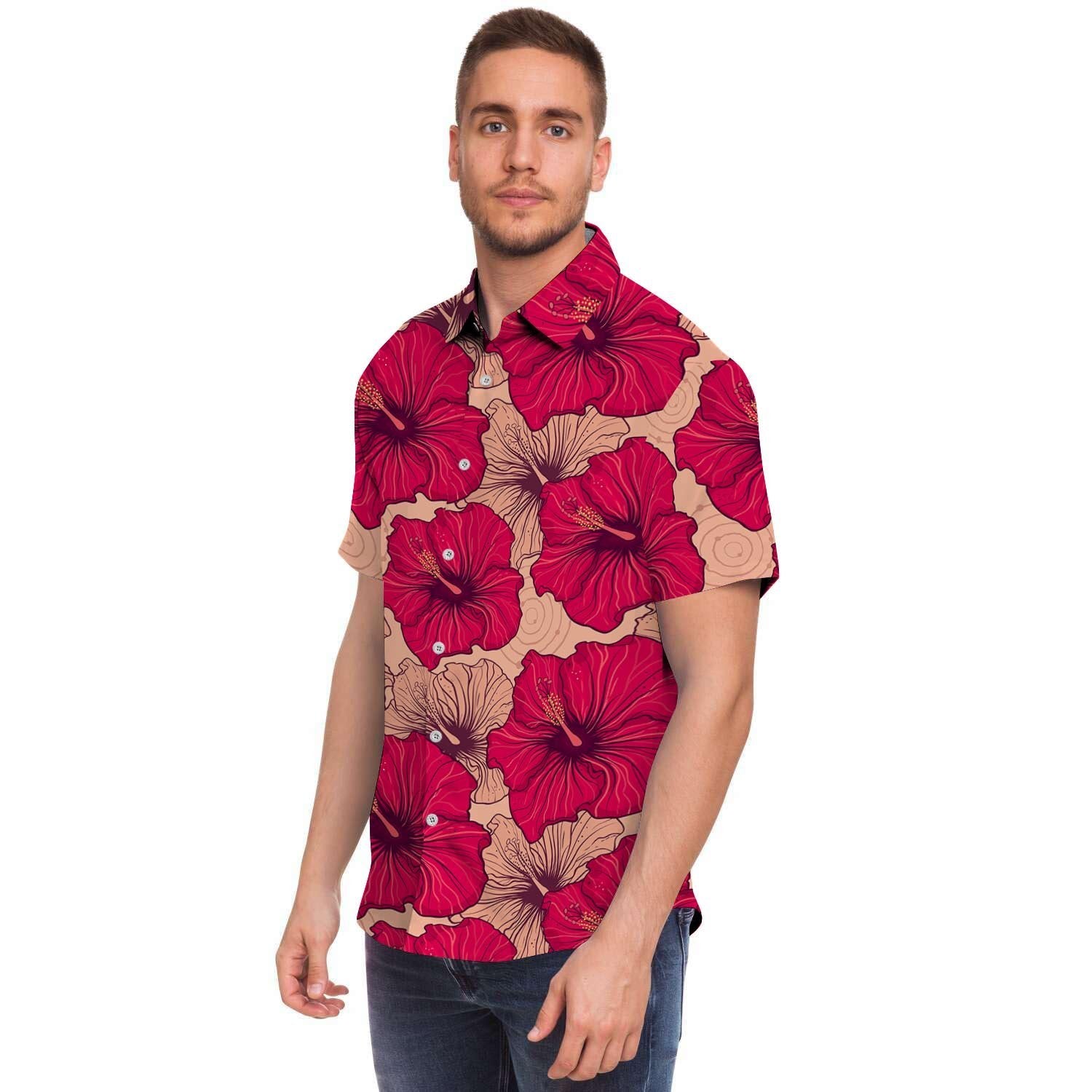 Red Hibiscus Flower Print Men's Short Sleeve Shirt-grizzshop