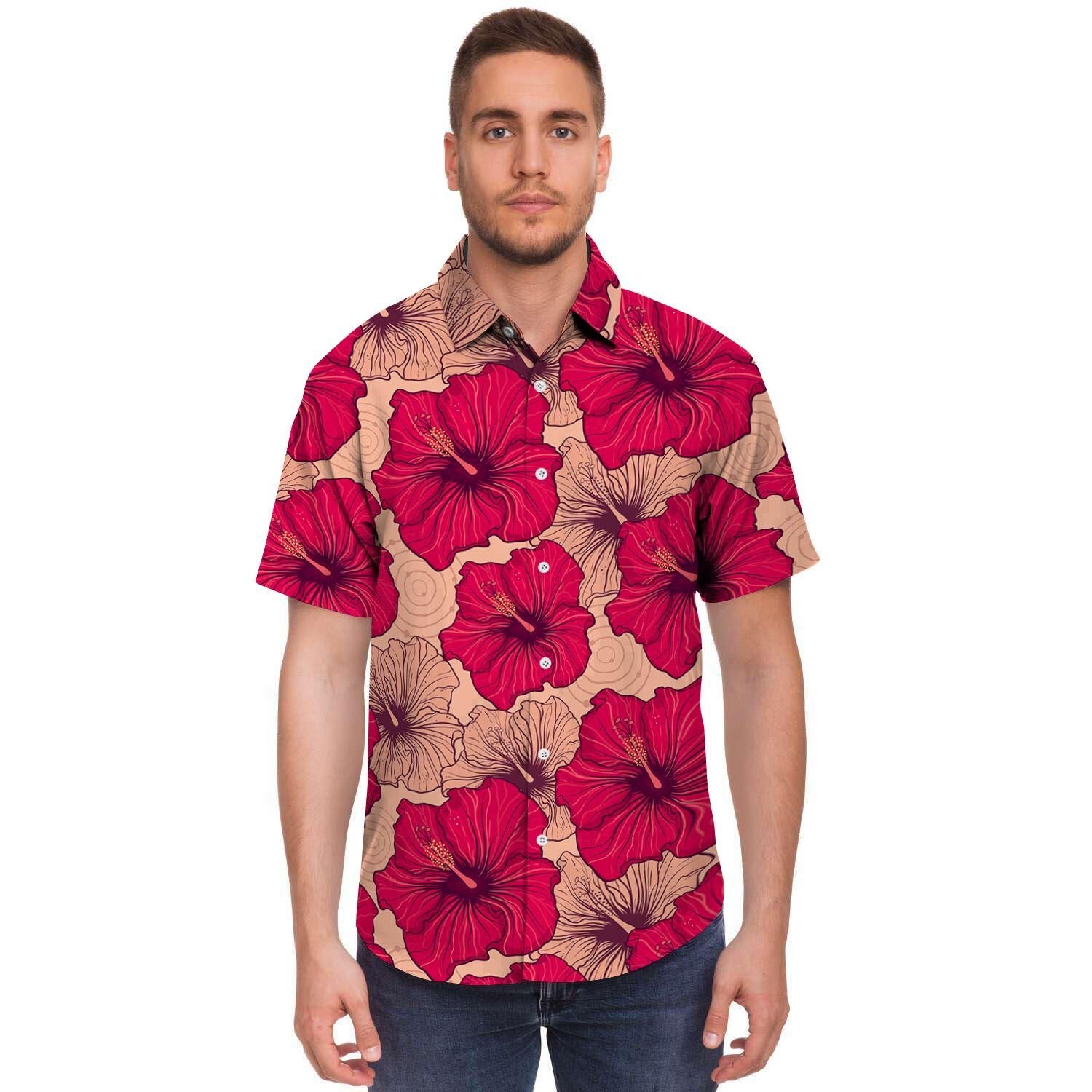 Red Hibiscus Flower Print Men's Short Sleeve Shirt-grizzshop