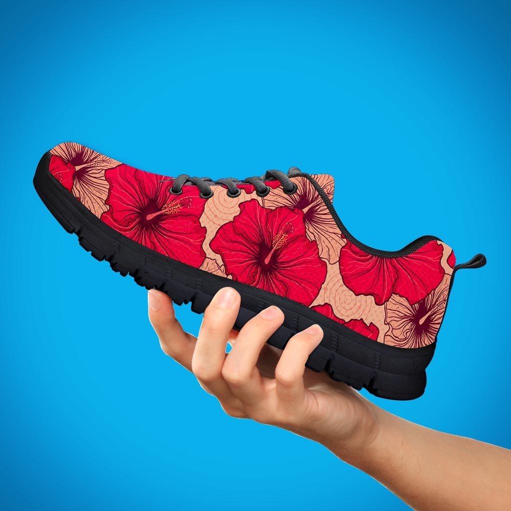 Red Hibiscus Flower Print Men's Sneakers-grizzshop