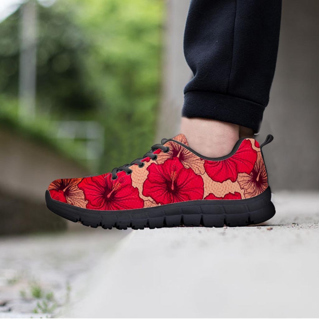 Red Hibiscus Flower Print Men's Sneakers-grizzshop