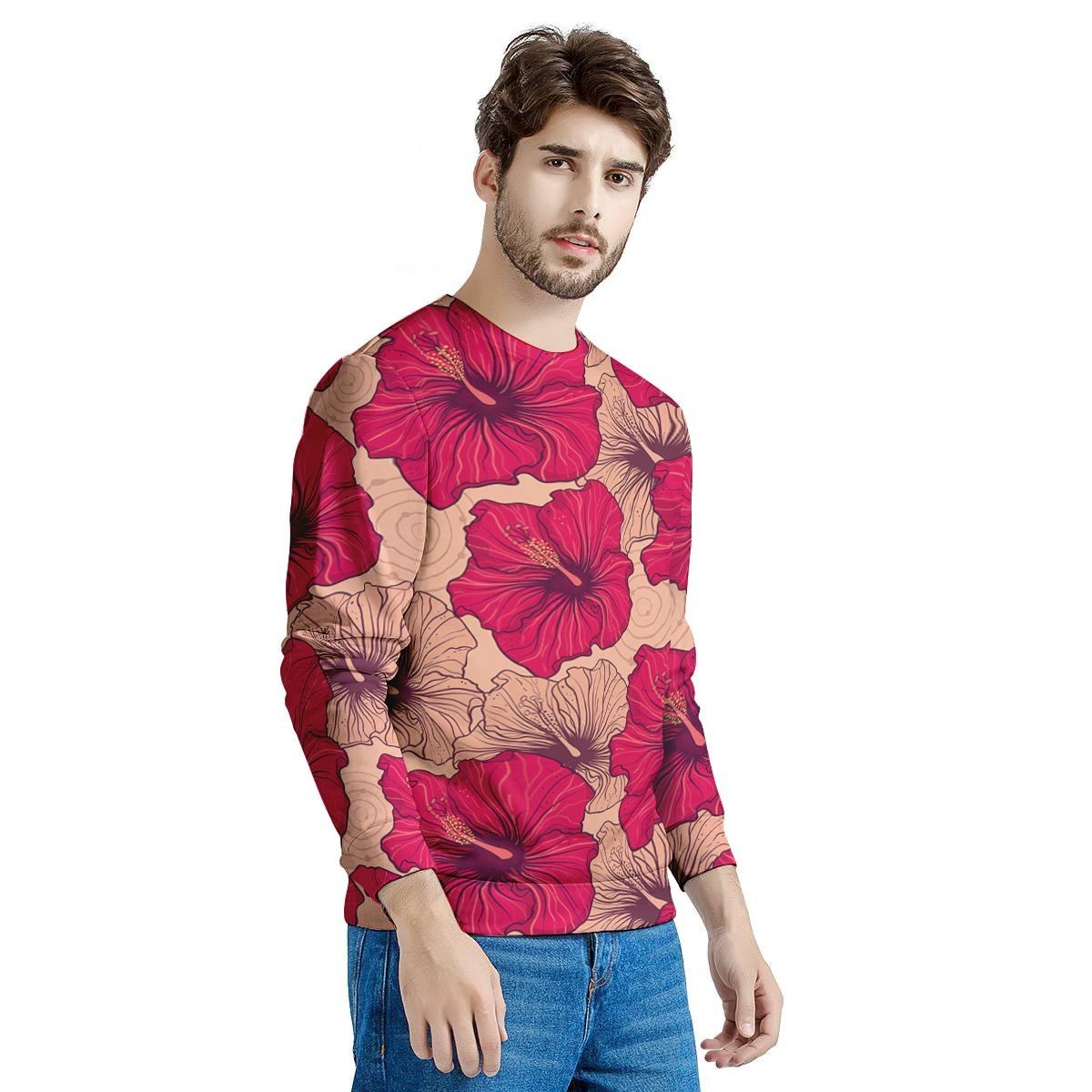 Red Hibiscus Flower Print Men's Sweatshirt-grizzshop