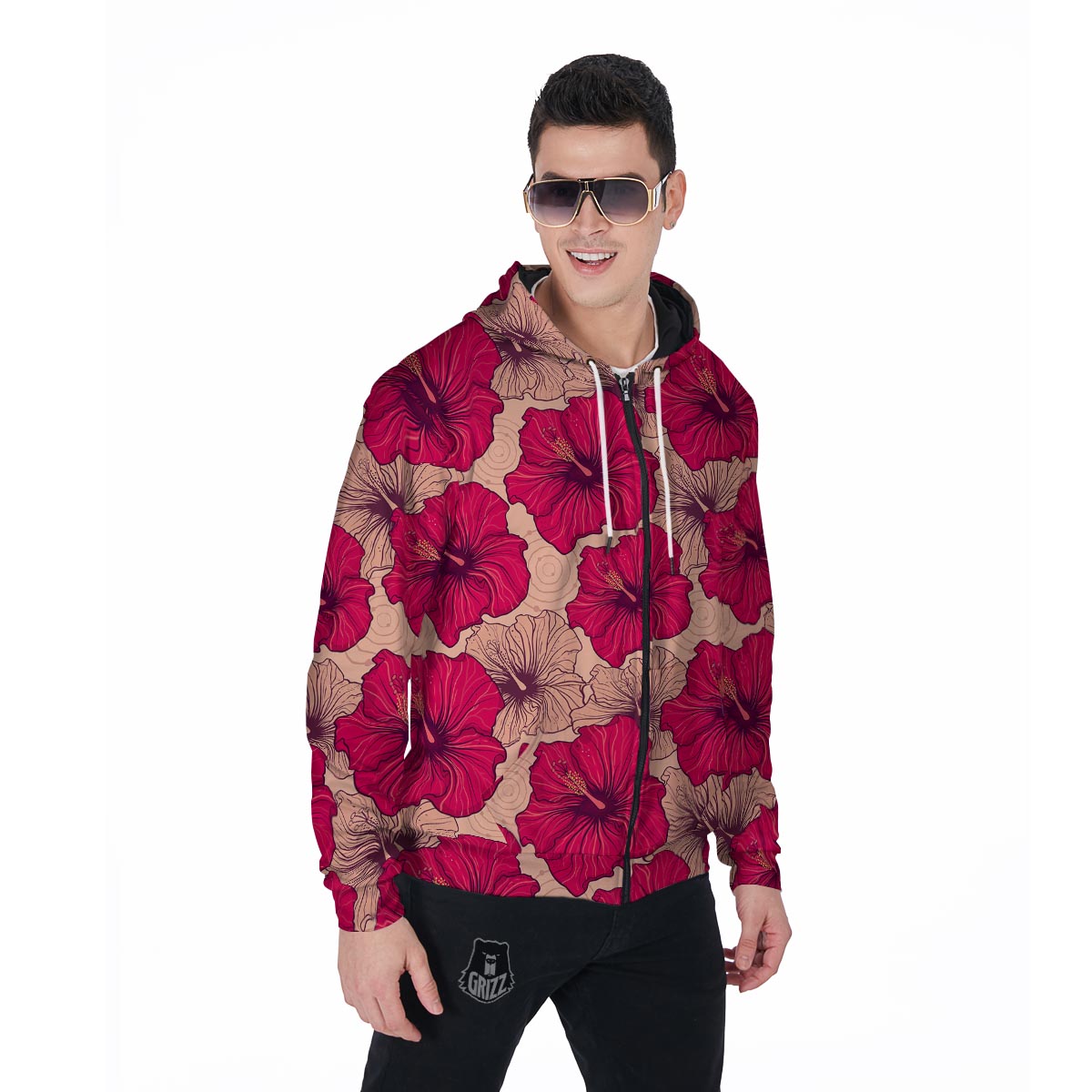 Red Hibiscus Flower Print Men's Zip Up Hoodie-grizzshop