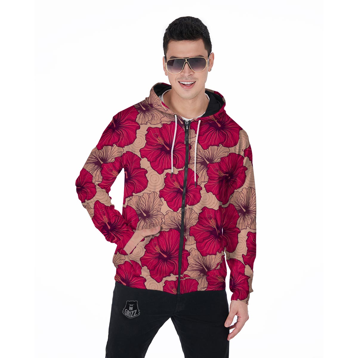 Red Hibiscus Flower Print Men's Zip Up Hoodie-grizzshop