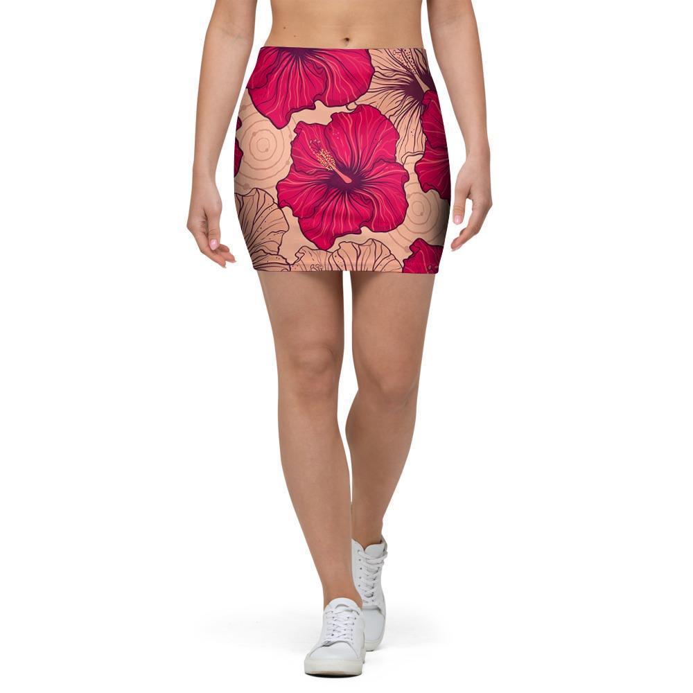 Red Hibiscus Flower Print Mini Skirt-grizzshop