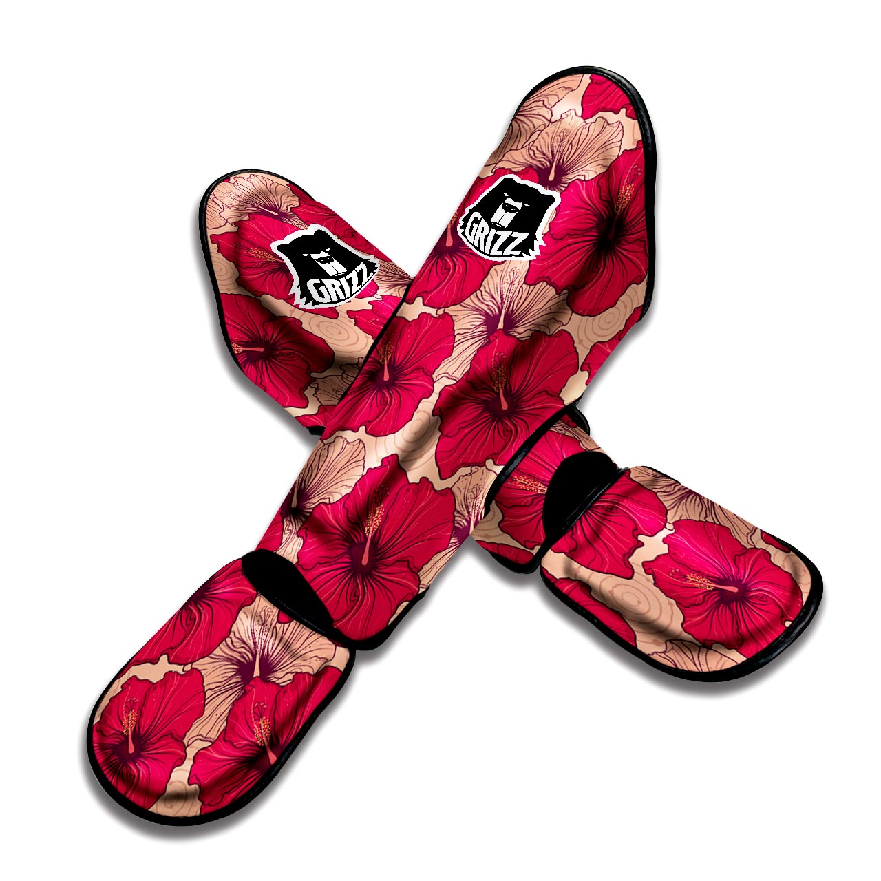 Red Hibiscus Flower Print Muay Thai Shin Guard-grizzshop