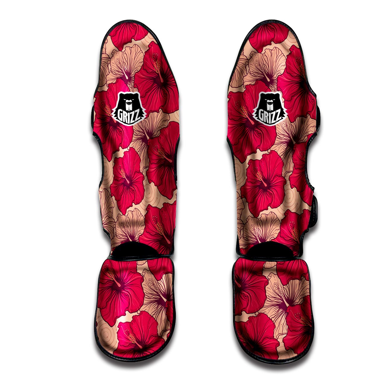 Red Hibiscus Flower Print Muay Thai Shin Guard-grizzshop