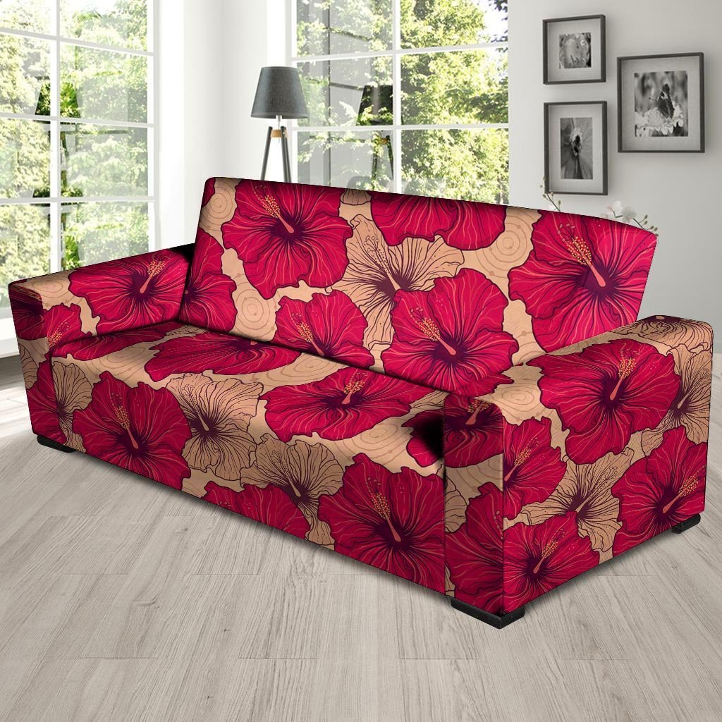 Red Hibiscus Flower Print Sofa Cover-grizzshop