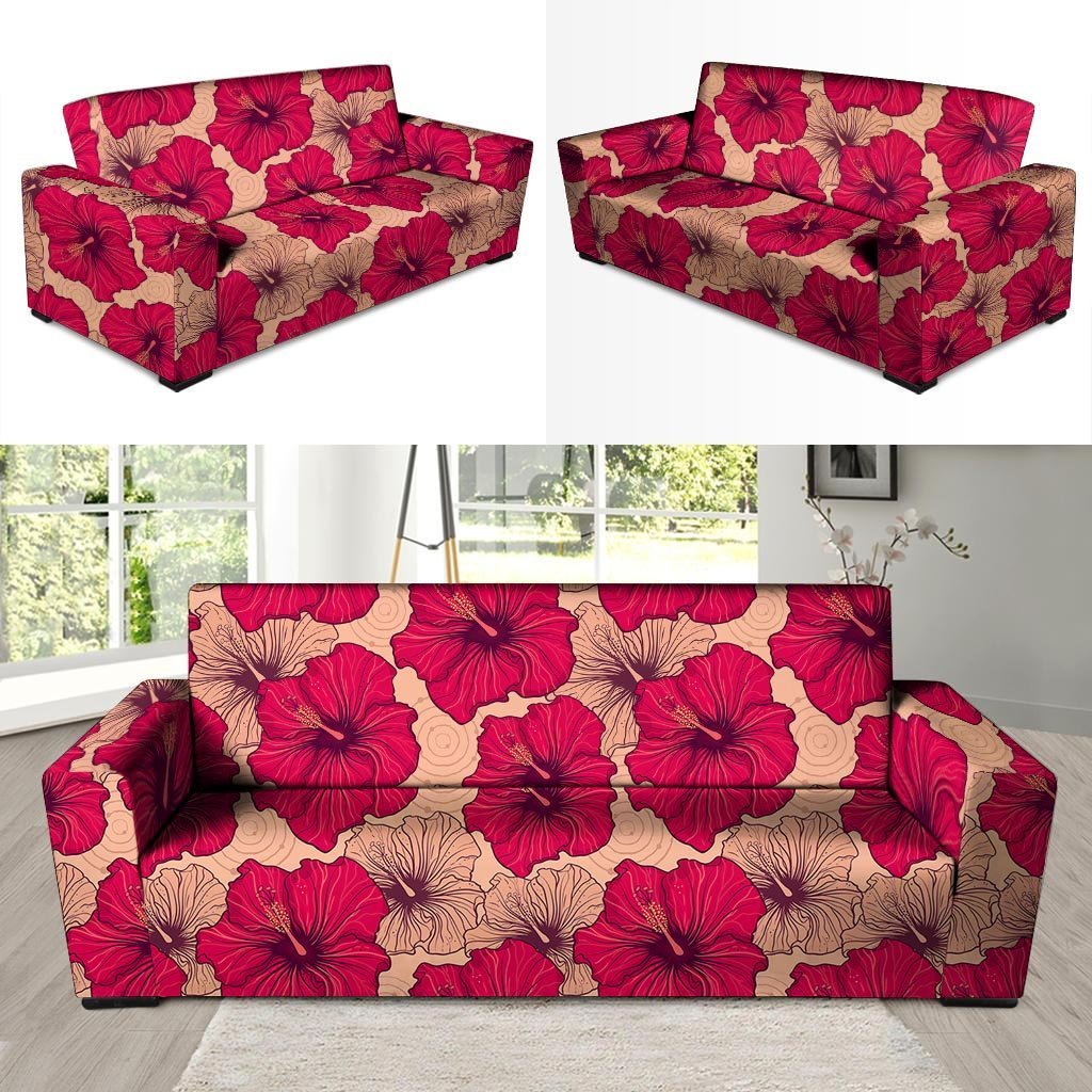 Red Hibiscus Flower Print Sofa Cover-grizzshop