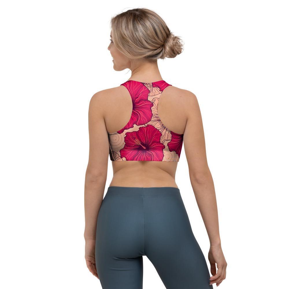 Red Hibiscus Flower Print Sports Bra-grizzshop