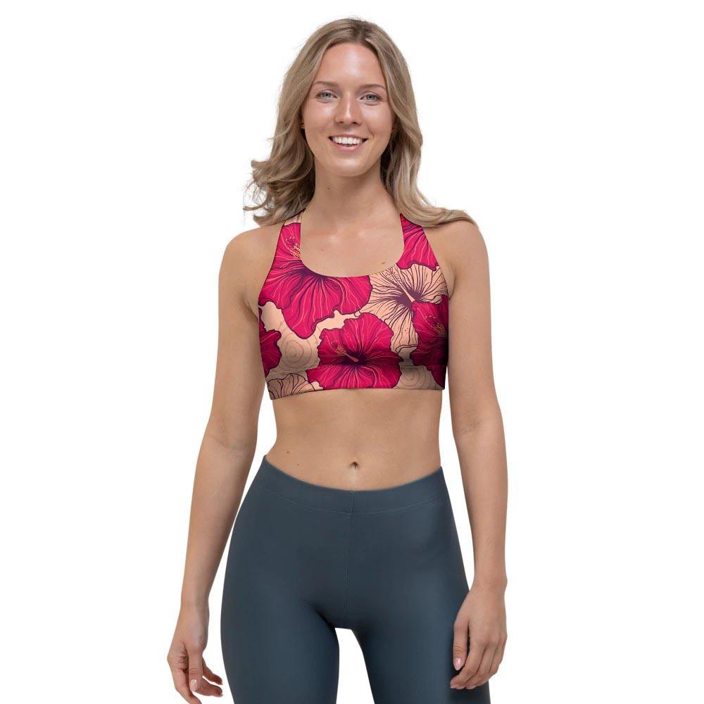 Red Hibiscus Flower Print Sports Bra-grizzshop
