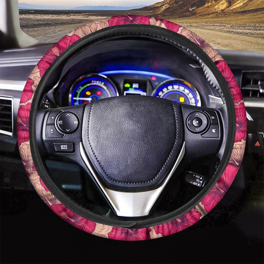 Red Hibiscus Flower Print Steering Wheel Cover-grizzshop