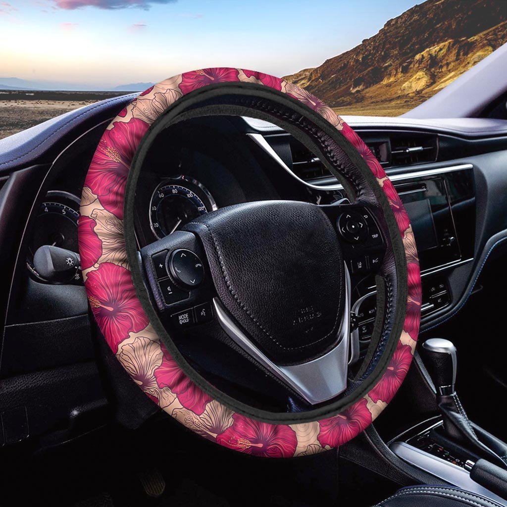 Red Hibiscus Flower Print Steering Wheel Cover-grizzshop