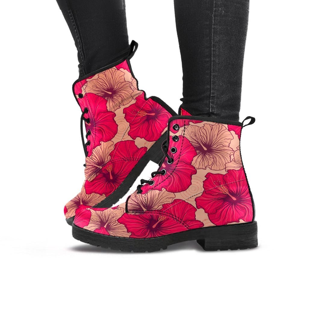 Red Hibiscus Flower Print Women's Boots-grizzshop