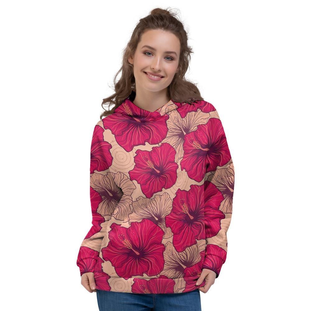 Red Hibiscus Flower Print Women's Hoodie-grizzshop