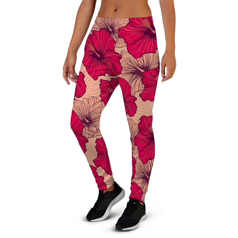 Red Hibiscus Flower Print Women's Joggers-grizzshop